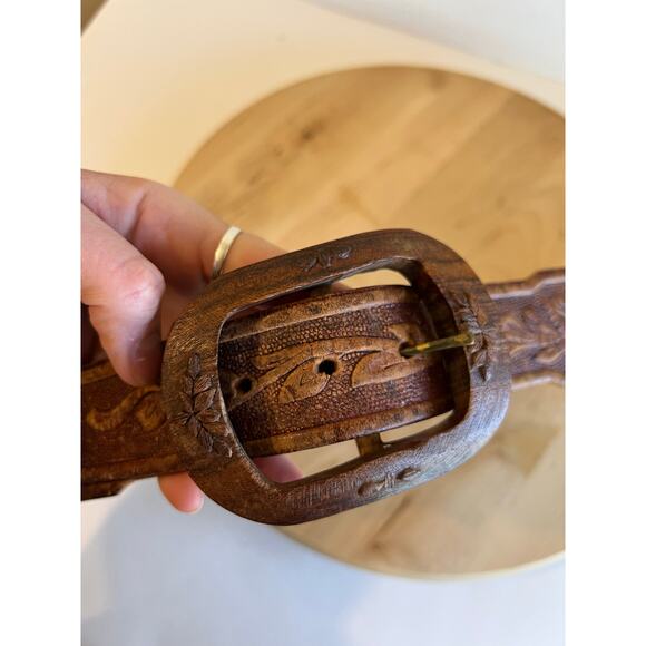 Vintage Brown Tooled Floral Western Wooden Carved Buckle Belt Size Medium main image 12